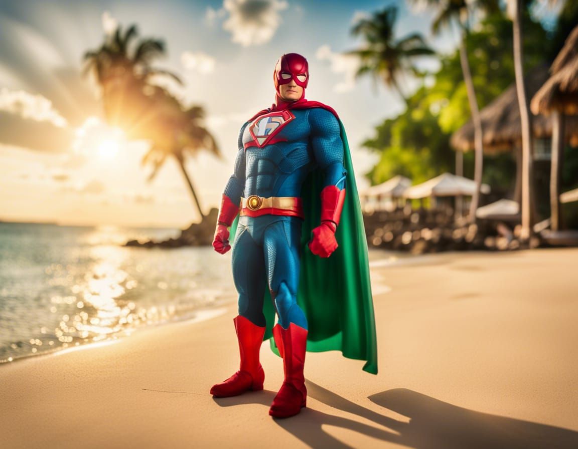 Superheroes Relaxing on Tropical Island Vacation