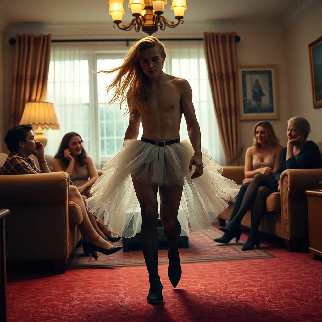 Chiseled Young Man Embarrassed in Petticoat and Heels