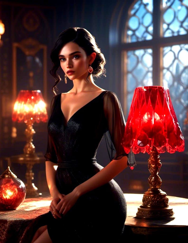 Beautiful Woman in Black Dress with Crystal Lamp