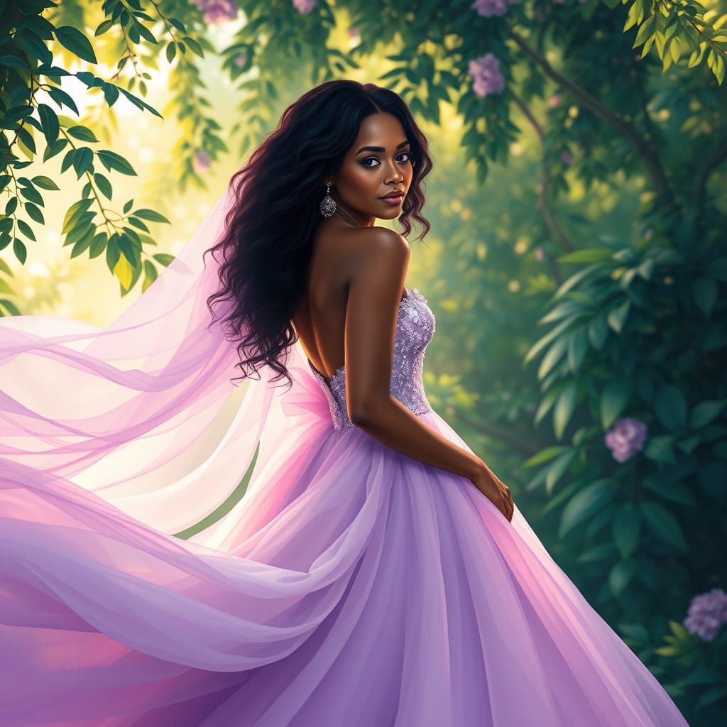 Elegant Woman in Purple Gown, Dreamy Digital Art