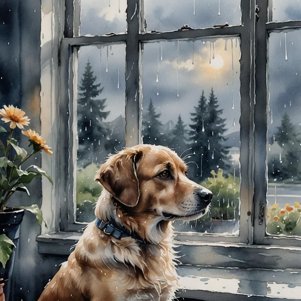 Melancholic Dog at Window in Watercolor Painting