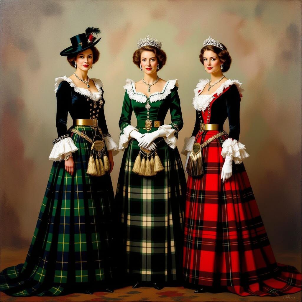 Royal Trio in Kilts: A Grand Oil Portrait