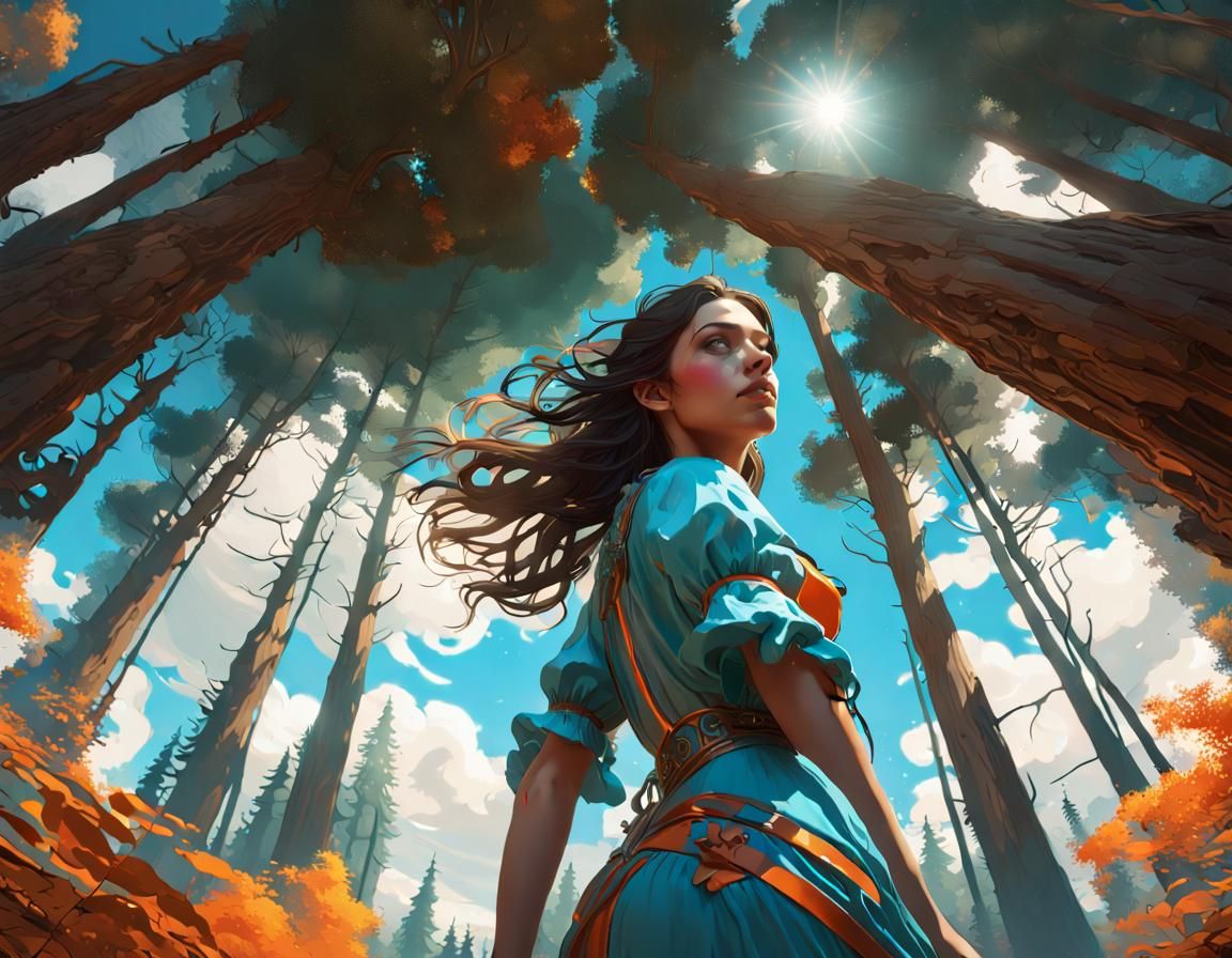 Brunette Lost in Forest, Hyperdetailed Concept Art