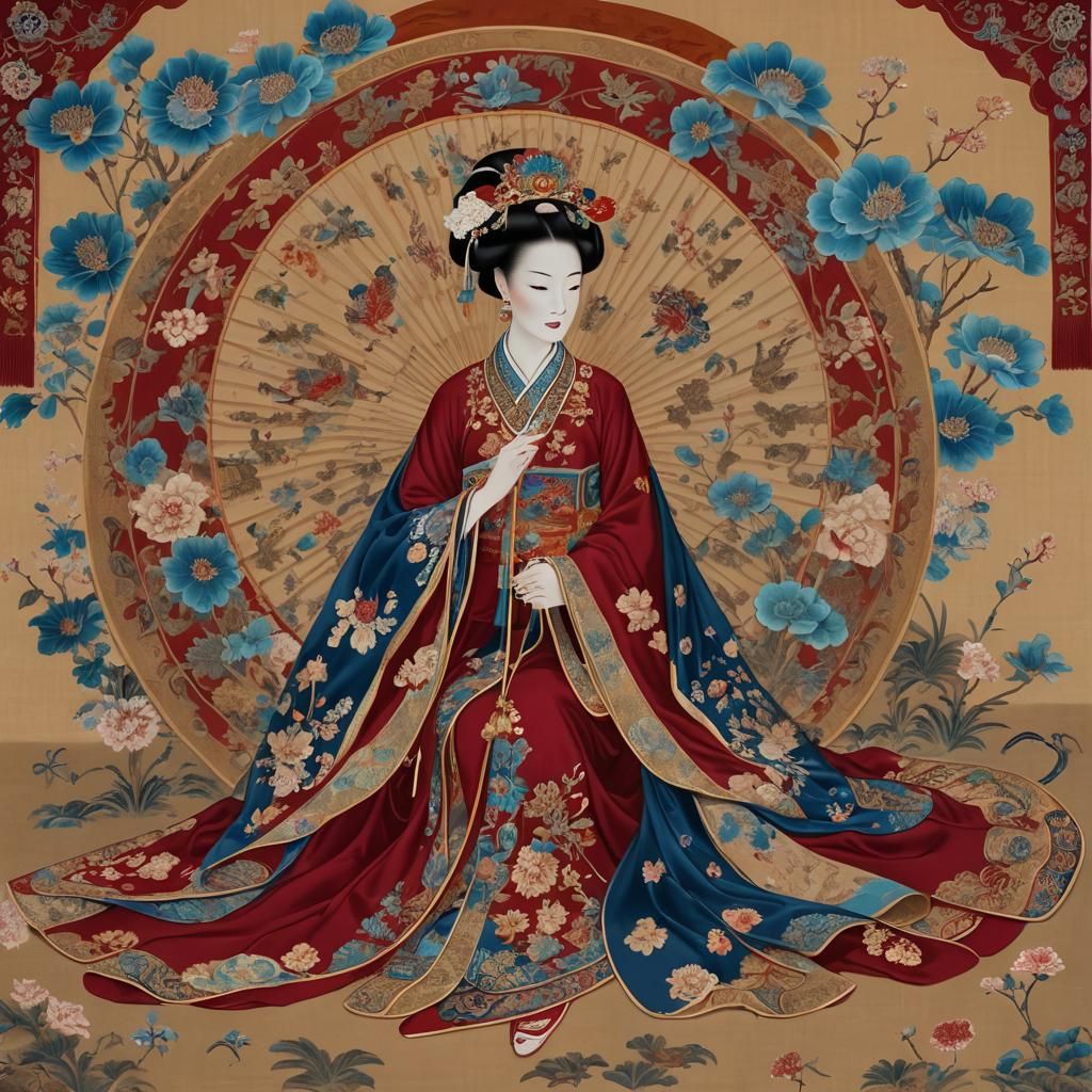Person in Crimson Chinese Attire with Floral Accents