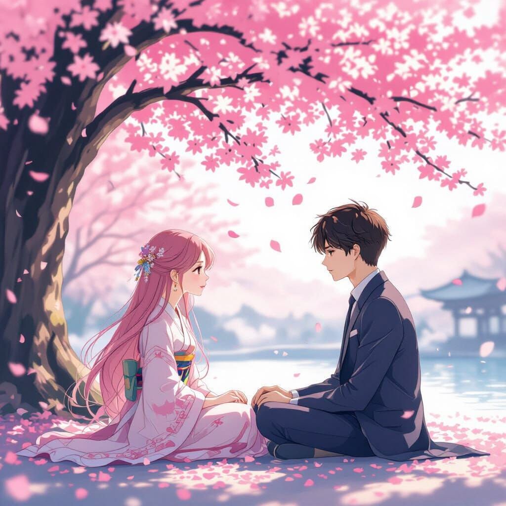 Romantic Couple Under Cherry Blossom Tree: Manhwa Style