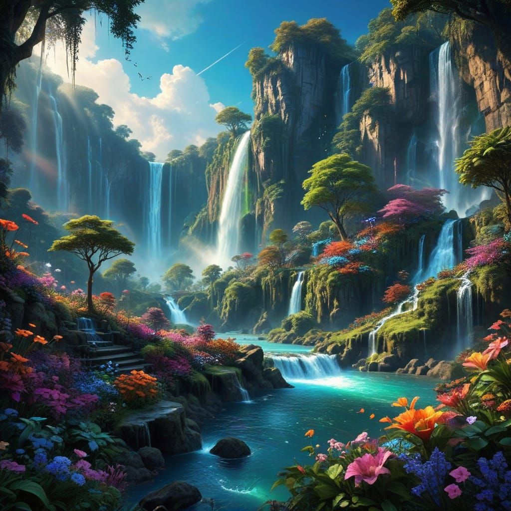 Epic Waterfall in a Vibrant, Fantastical Paradise