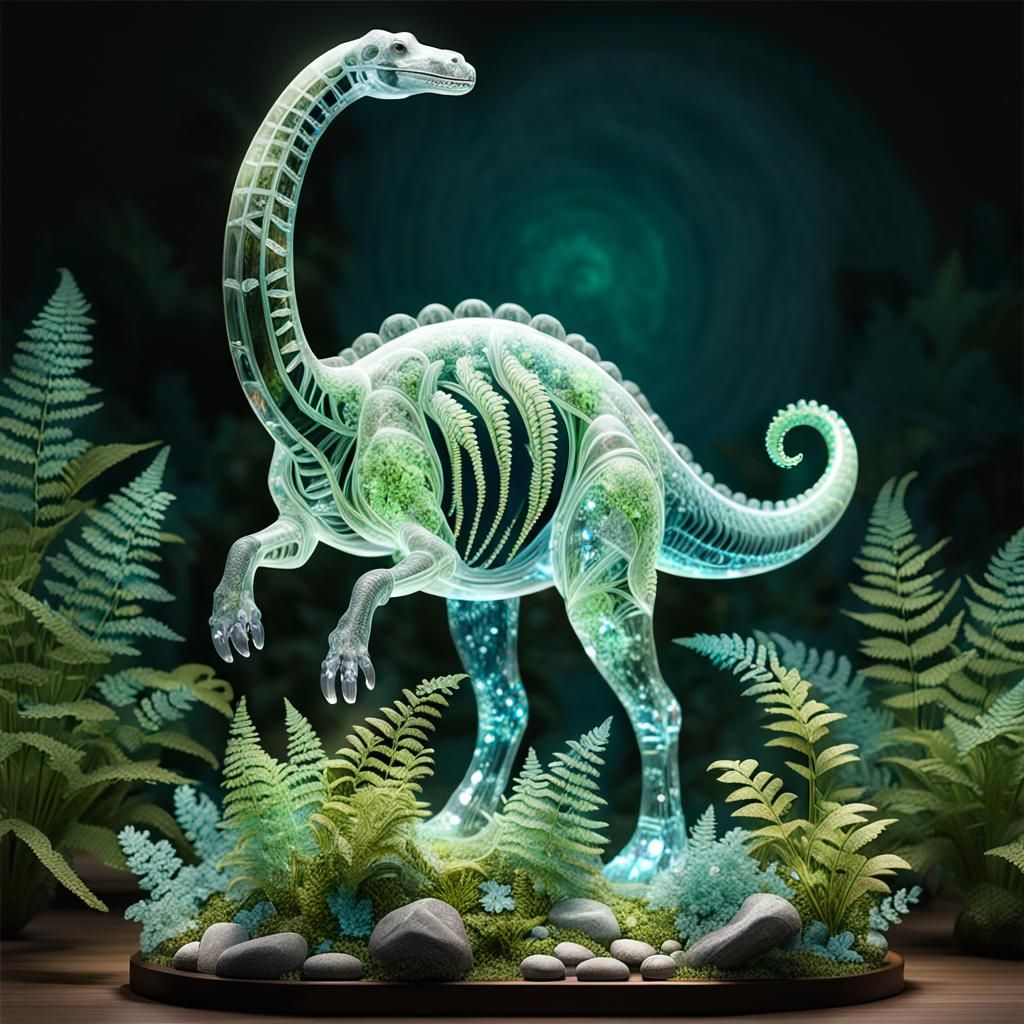 Hyper-Realistic Crystal Brontosaurus in Bioluminescent Wonde...