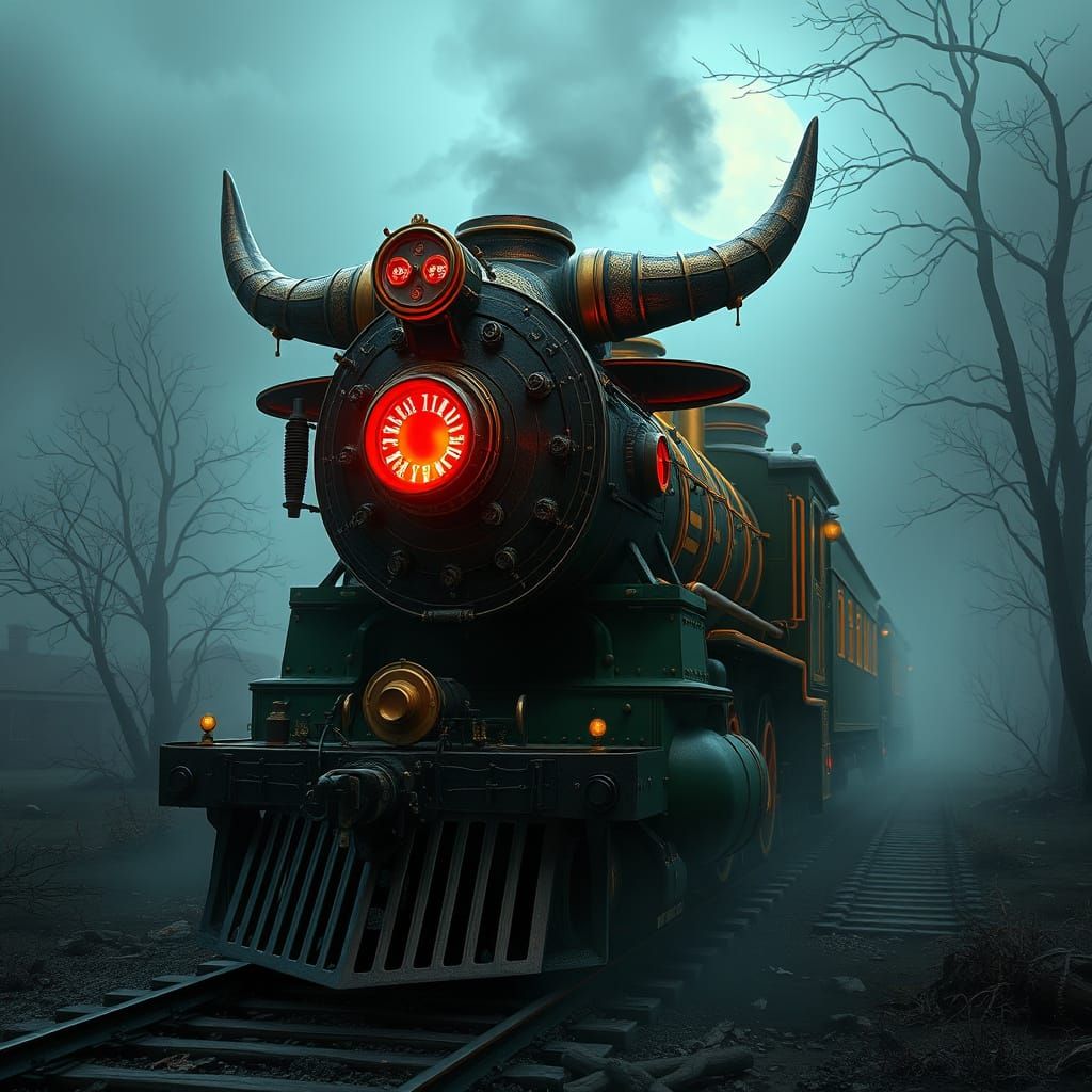 Mystical Goat-Train Hybrid in Eerie Landscape