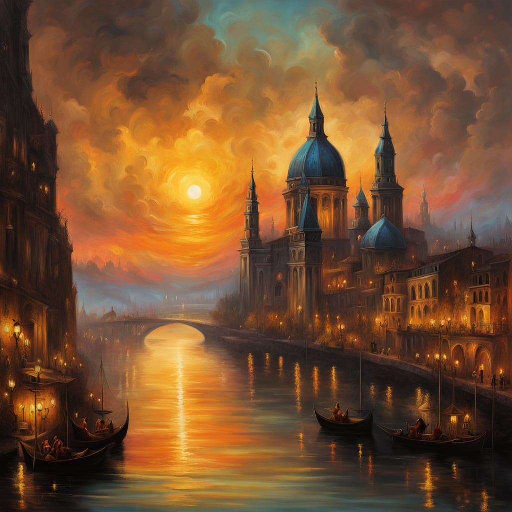 Luminous Mixed Oils Painting of Rivercross City