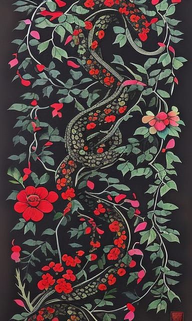 Black Snake and Roses in Folk Art Style