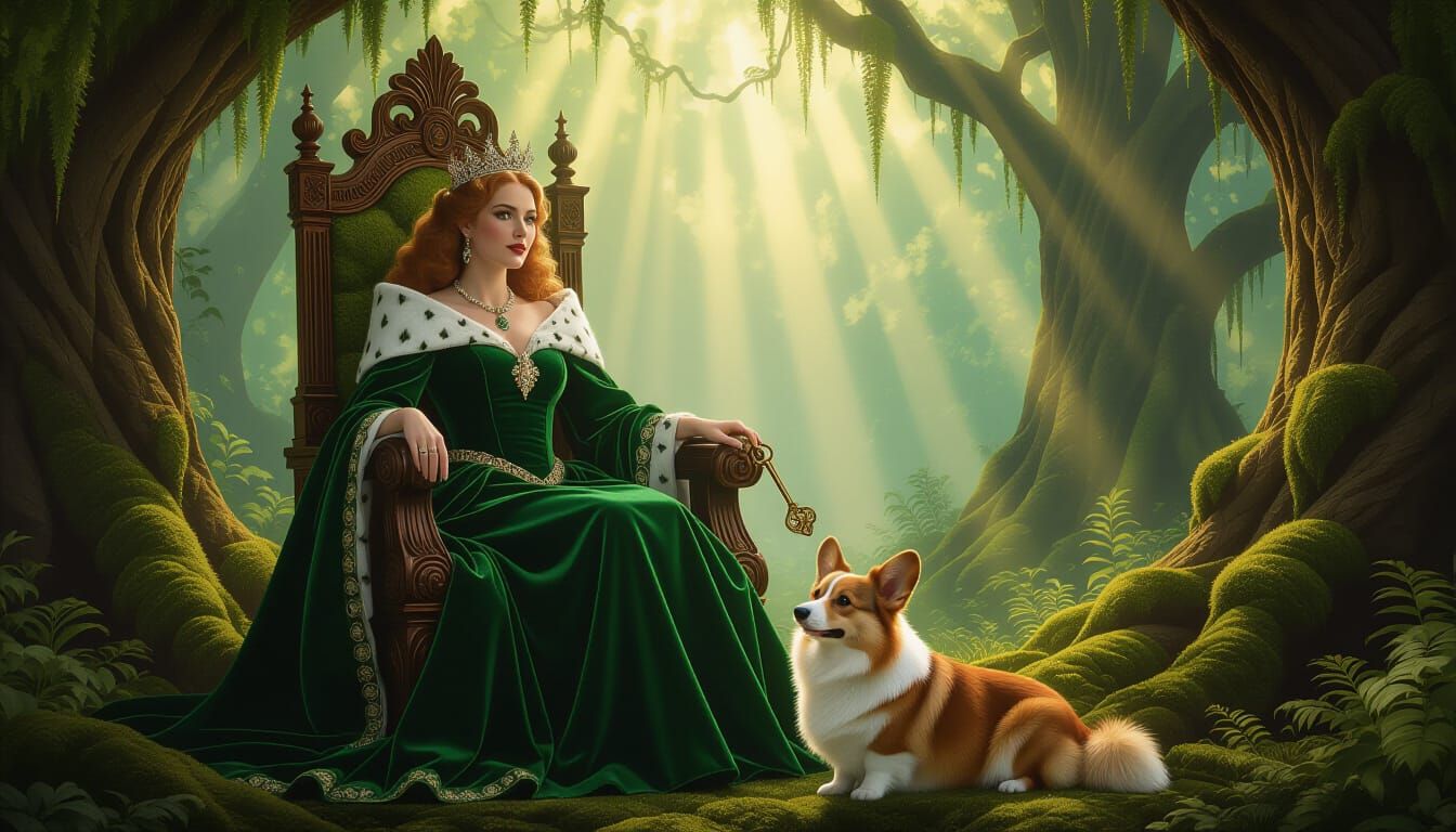 Regal Queen in Sun-Dappled Forest with Corgi