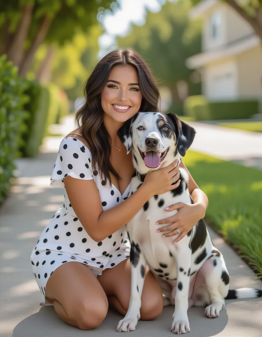 Woman Hugs Dalmatian in Suburban Neighborhood