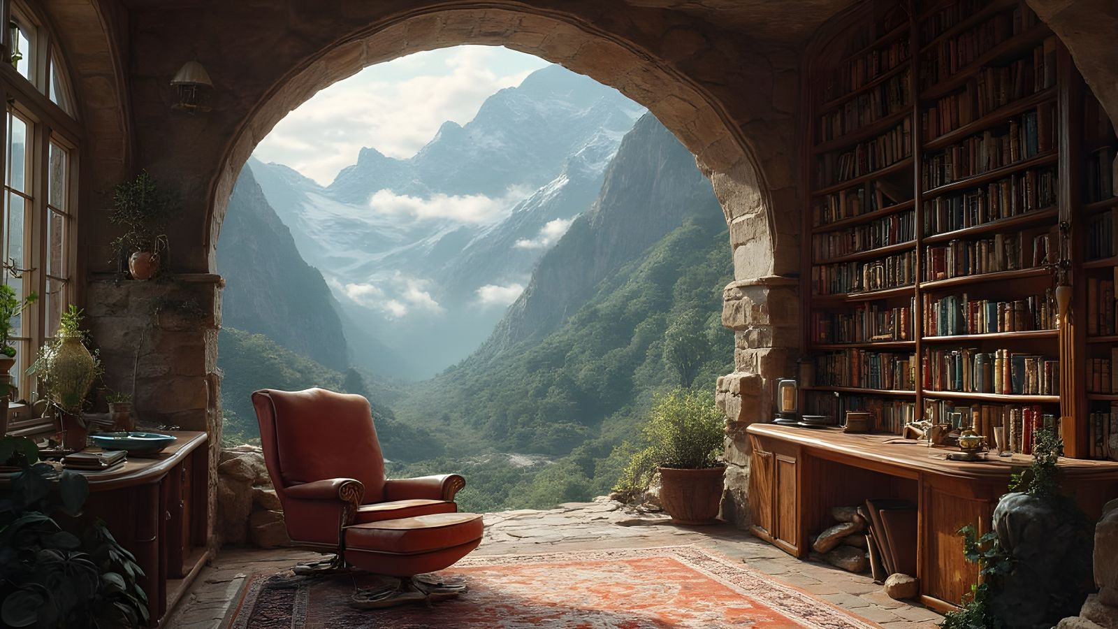Fantasy Castle Library with Mountain View