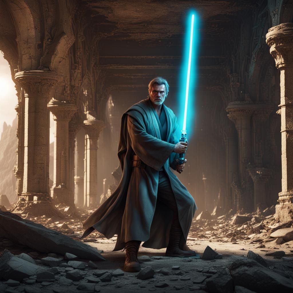 Jedi Warrior with Aqua Lightsaber in Ancient Ruins