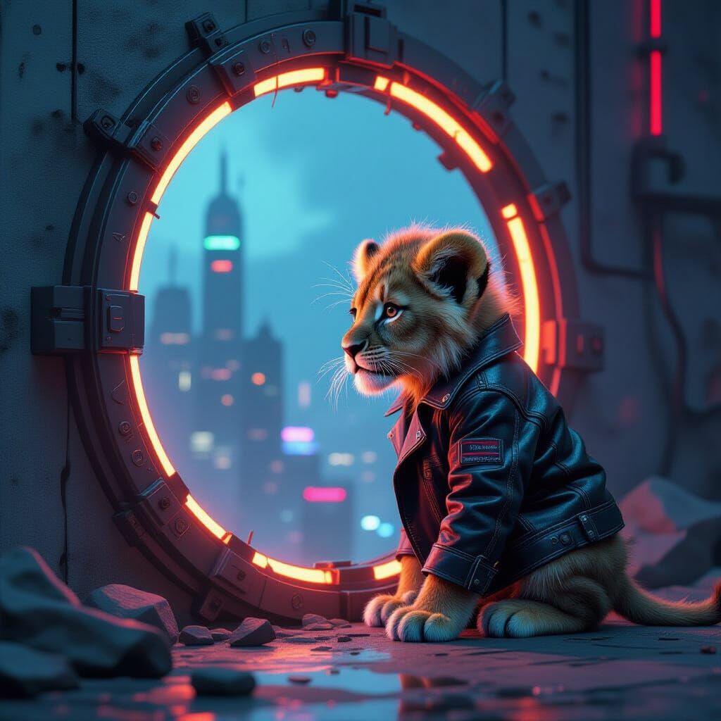 Nebula-Eyed Lion Cub in Dystopian Cityscape
