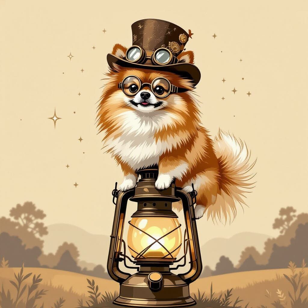Pomeranian Dog in Steampunk Hat on Lantern