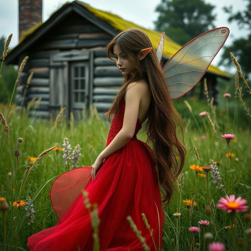 Delicate Fairy in a Lush Field, Cinematic HDR
