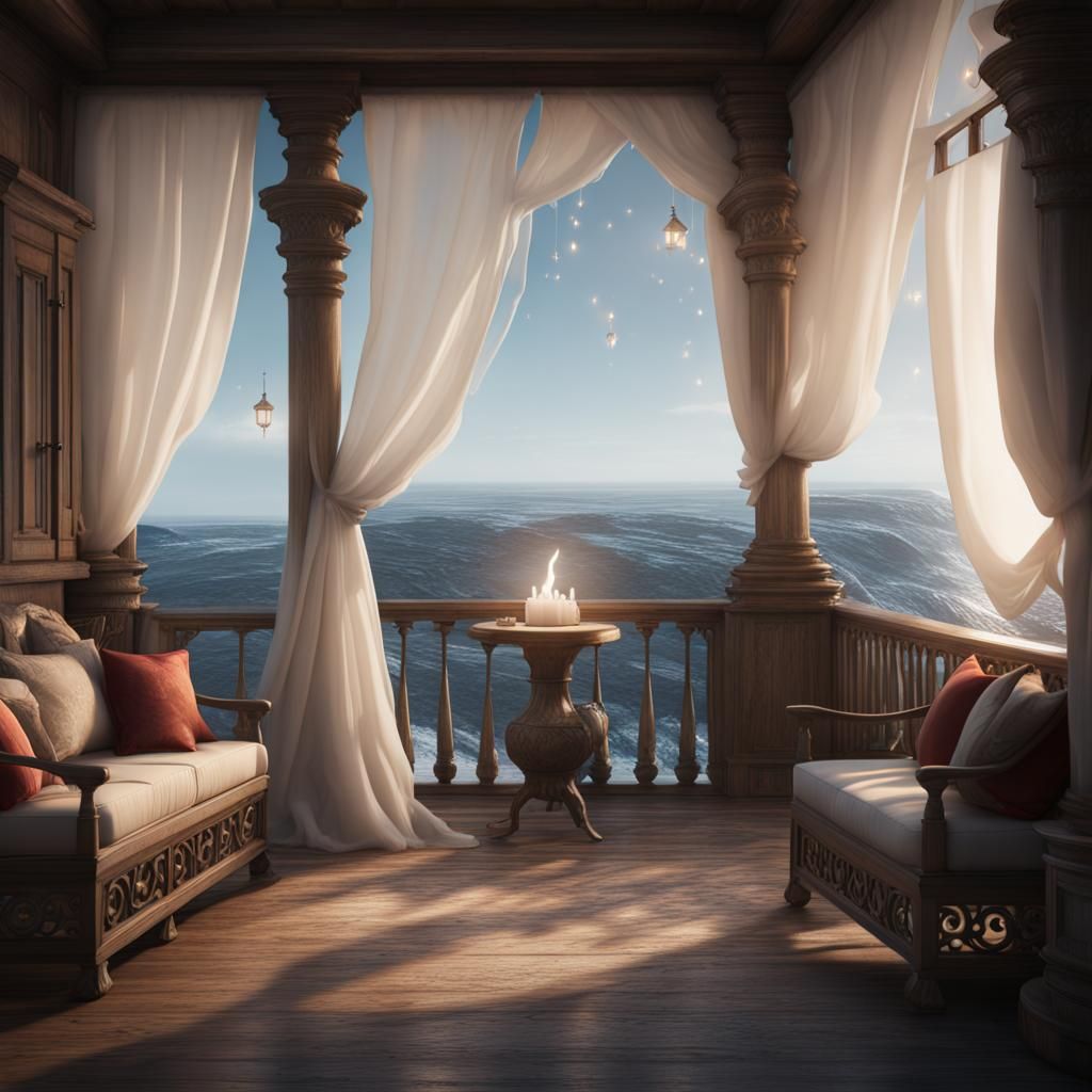 Seaside Cliffside Porch with Candle in Digital Painting