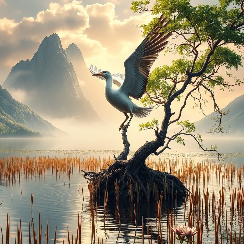 Majestic Albatross Takes Flight from Serene Lake Island