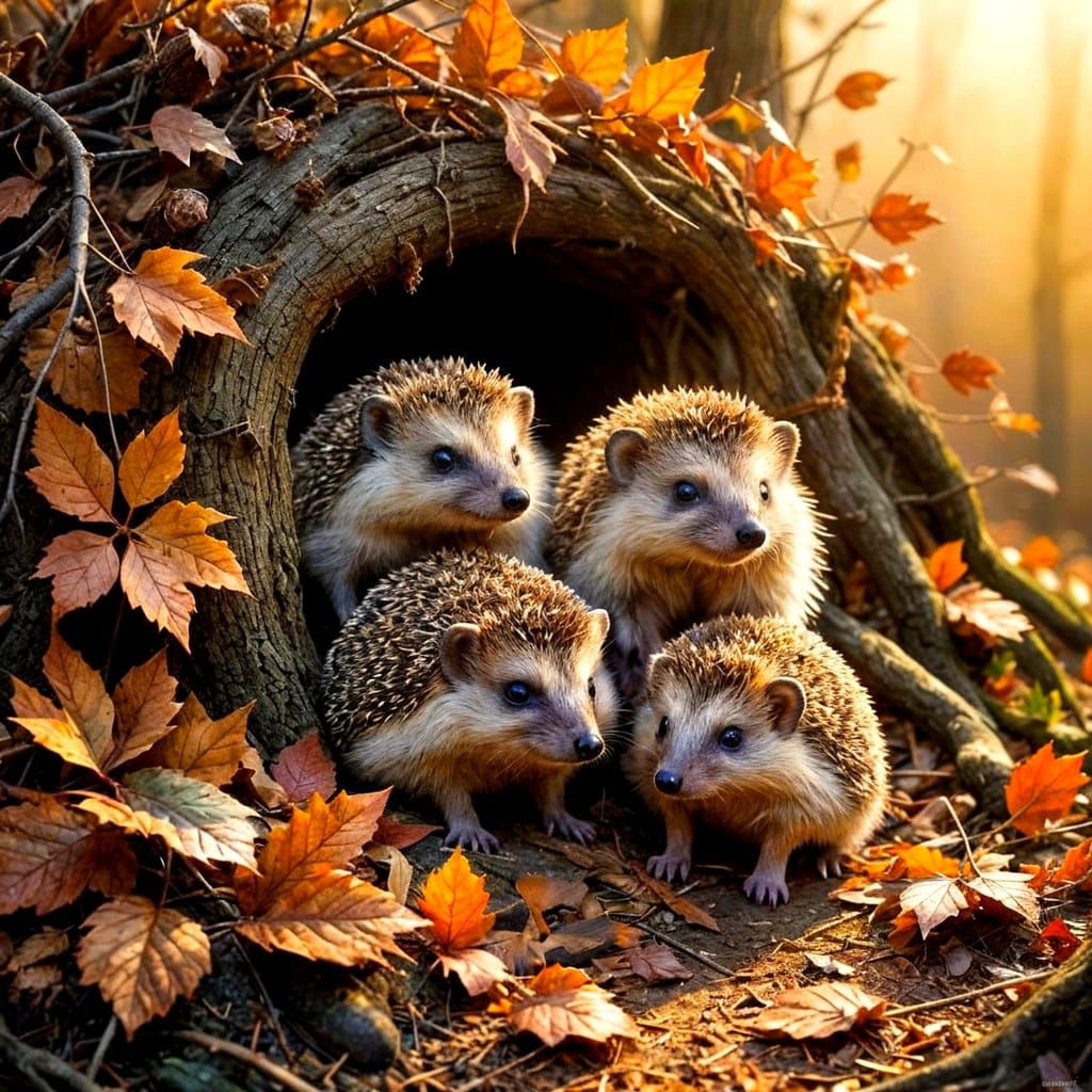 Cute Hedgehog Family in Warm Autumn Scene