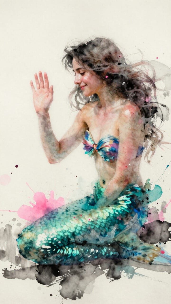 Ethereal Mermaid's Shy Wave in Watercolor Explosion