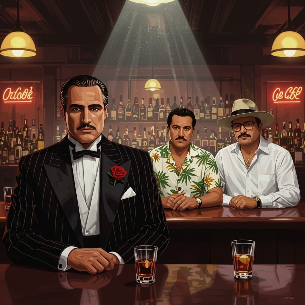 Epic Realistic Digital Art: Iconic Criminals in NYC Bar