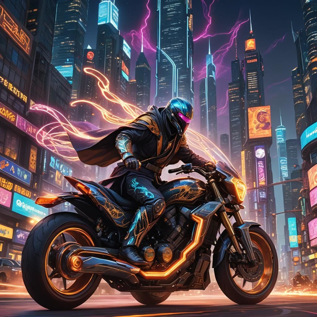 Wizard Rides Futuristic Motorcycle in Neon Cityscape