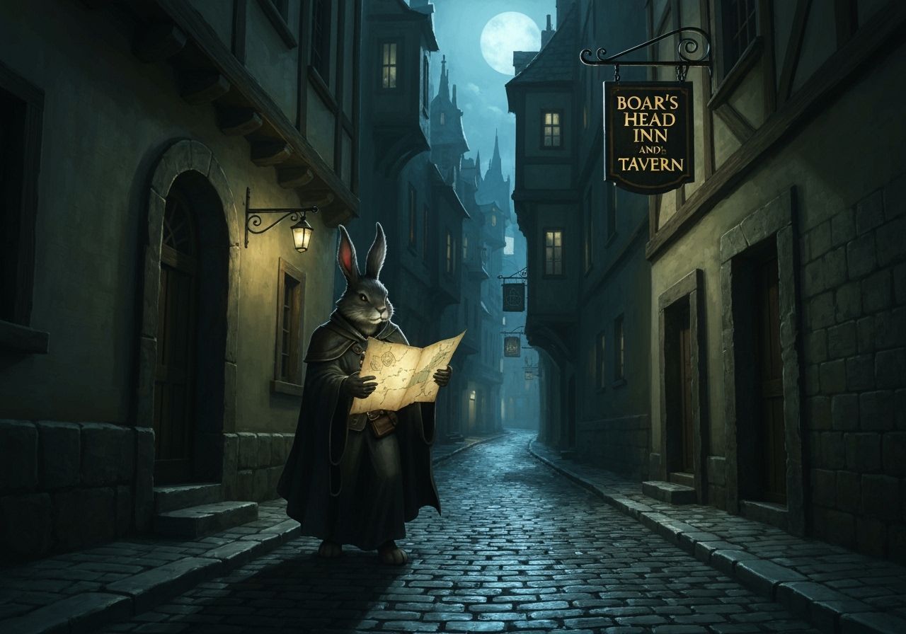 Mysterious Rabbit with Glowing Map Outside Tavern
