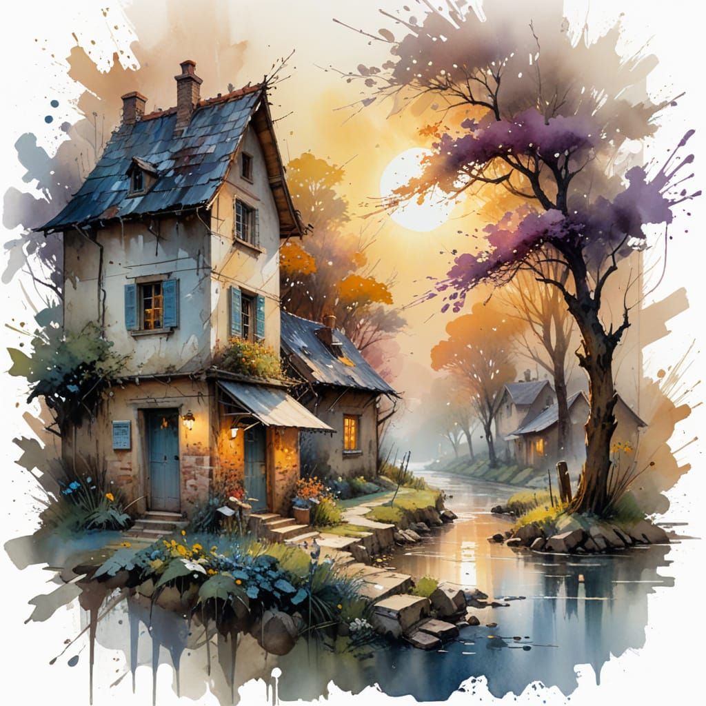 Village Sunrise: Neo-Impressionist Watercolor Fine Art