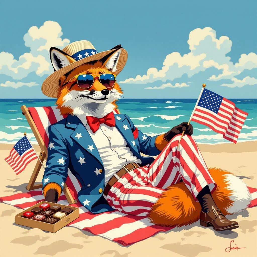 Fox Celebrates Fourth of July in Nostalgic Illustration