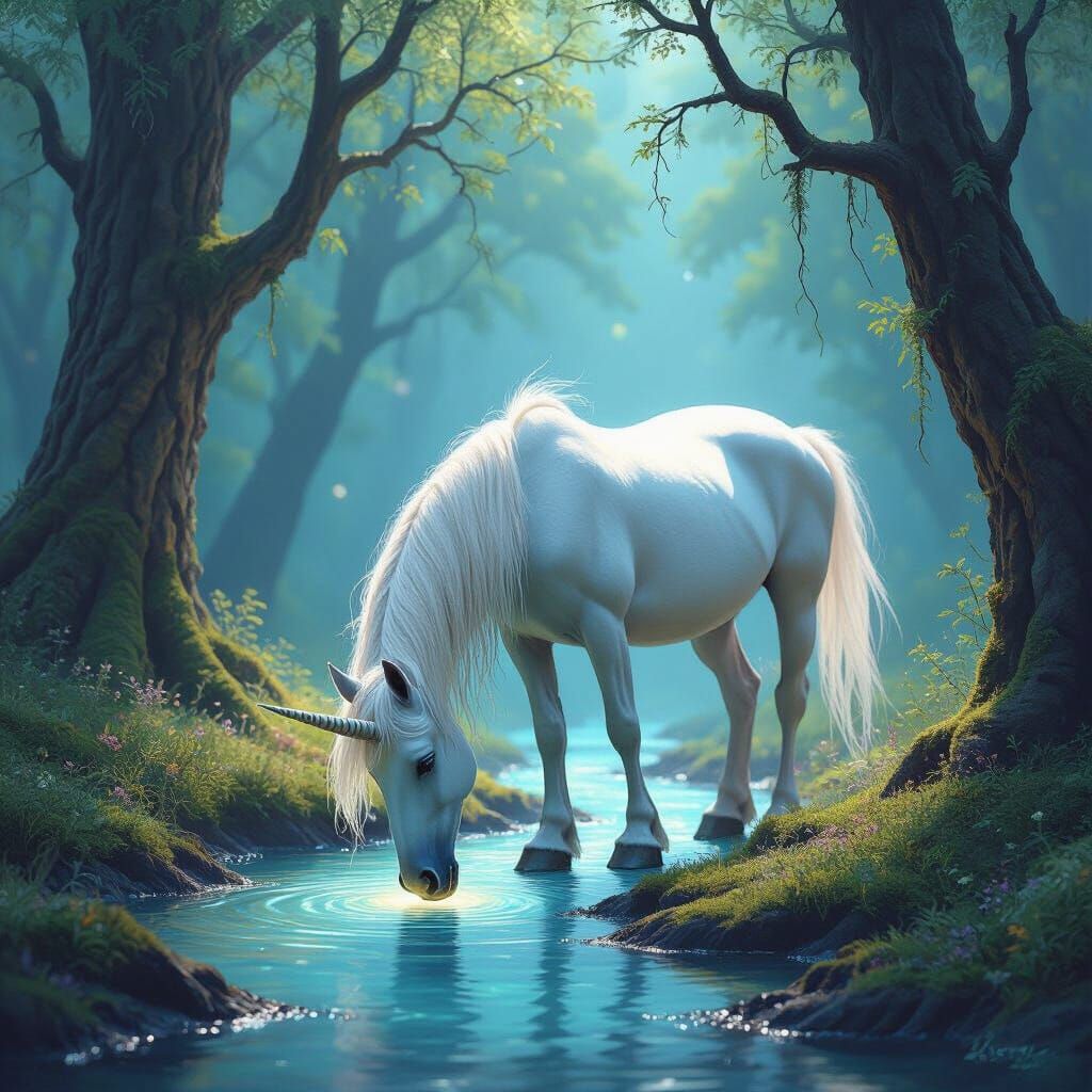 Unicorn Drinks From Glowing Stream in Forest