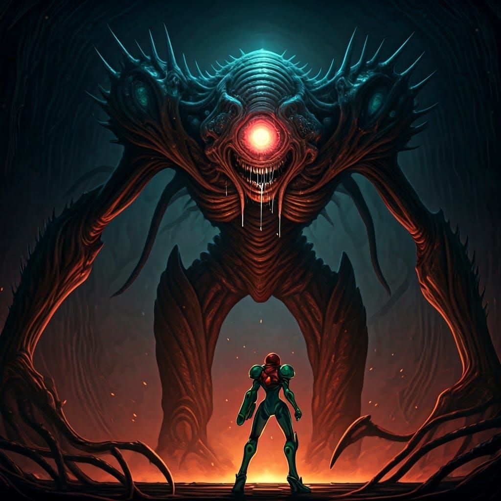 Gothic Biomechanical Horror: Samus Faces Monstrous Metroid
