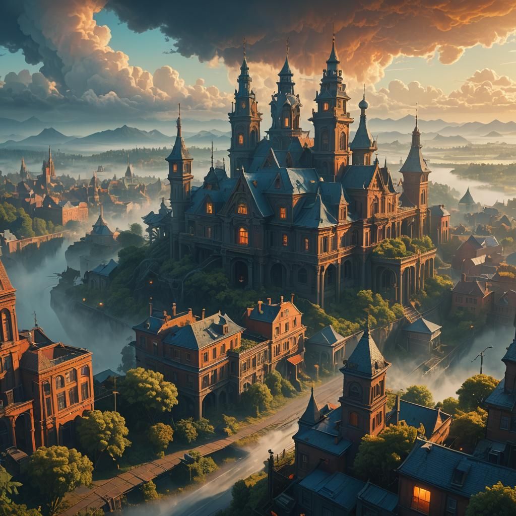Fantastical Cityscape Concept Art in Golden Light