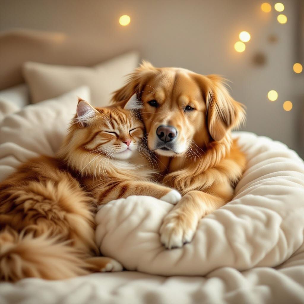 Fluffy Cat and Golden Retriever Cuddle on Plush Pillow