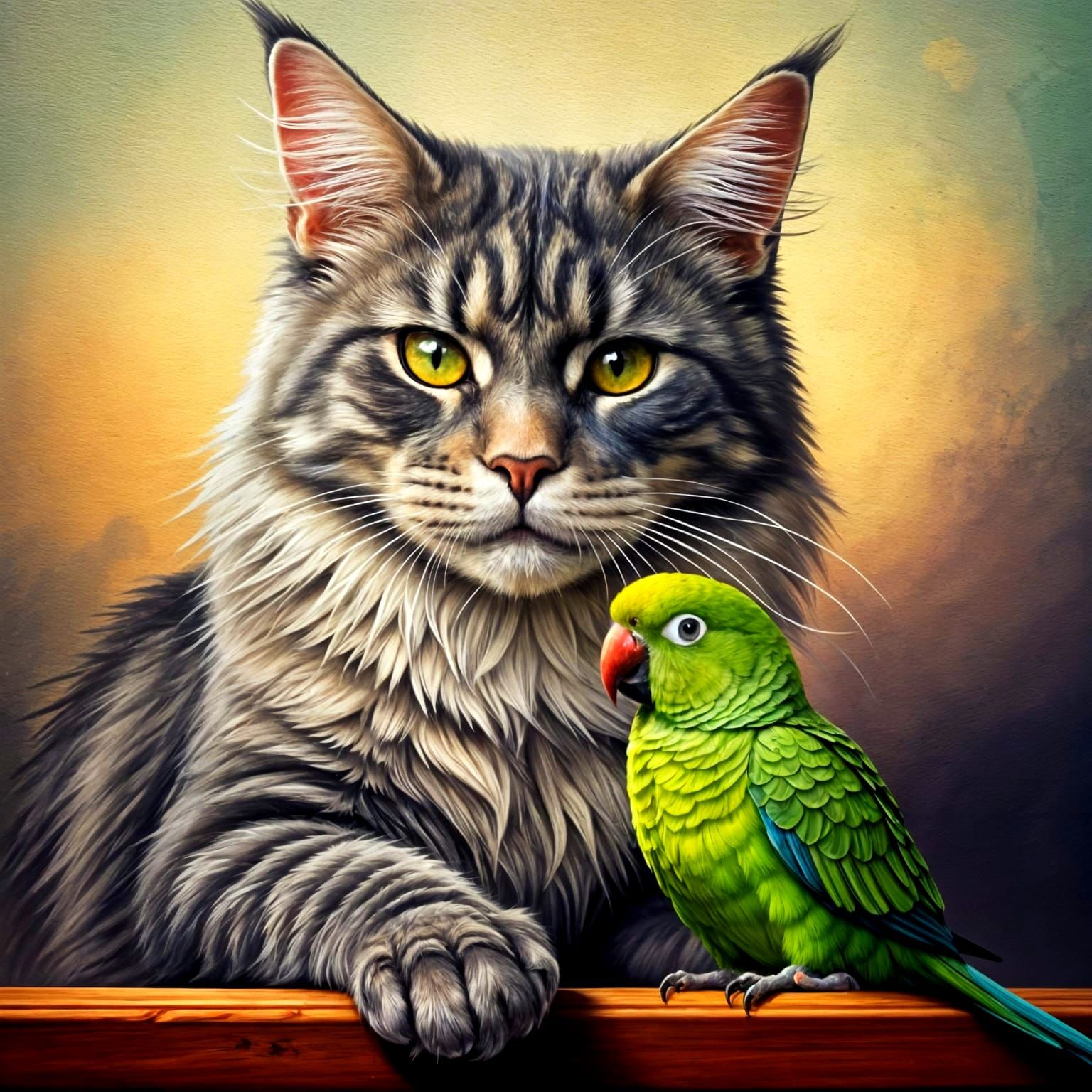 Vibrant Oil Painting of Playful Feline and Avian Friends