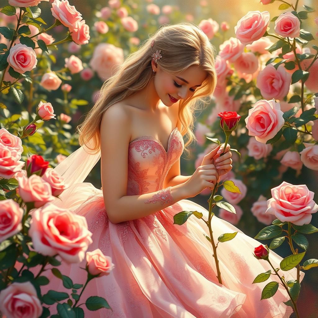 Ethereal Princess in Rose Garden, Impressionistic Style