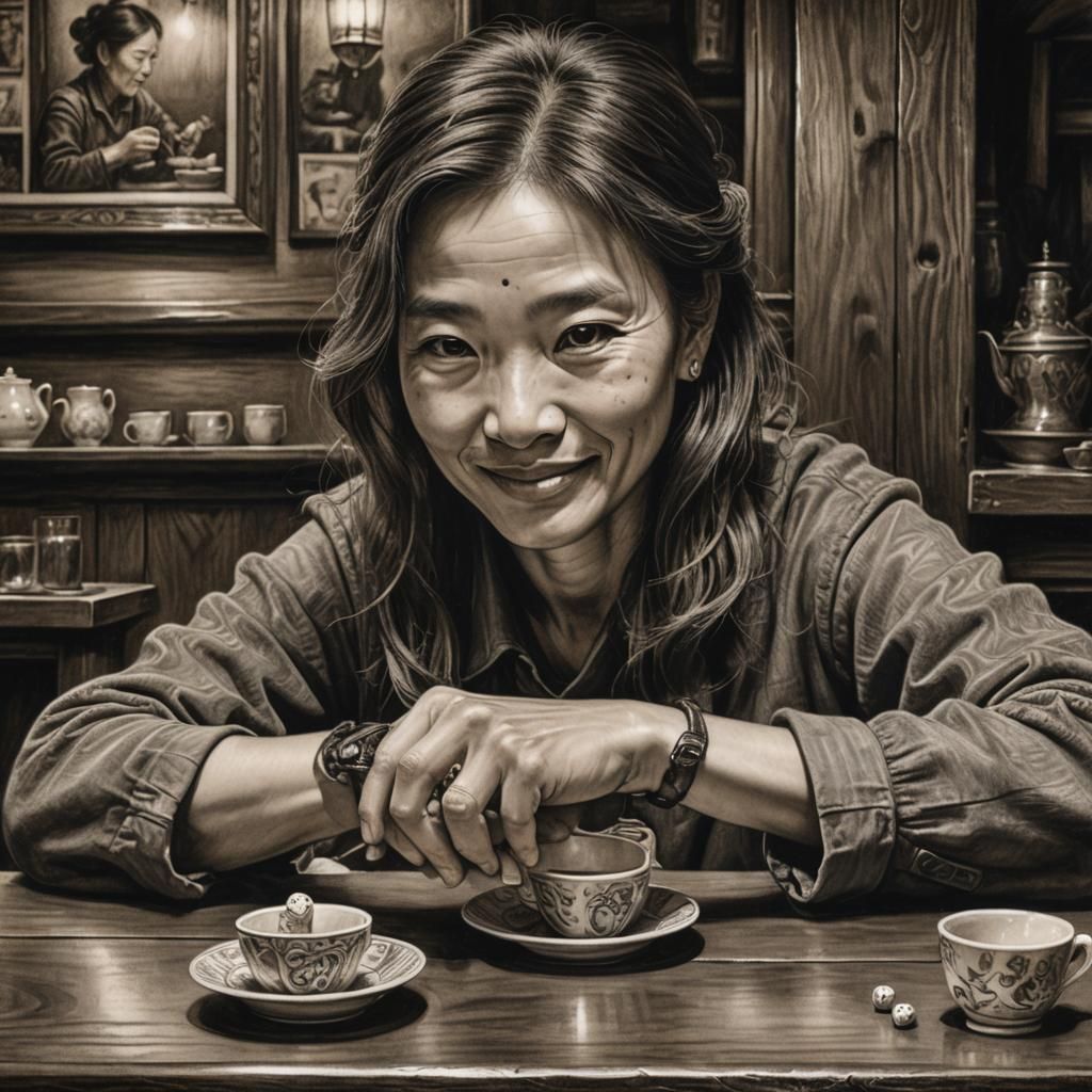 Woman in Dimly Lit Tavern: Charcoal Drawing