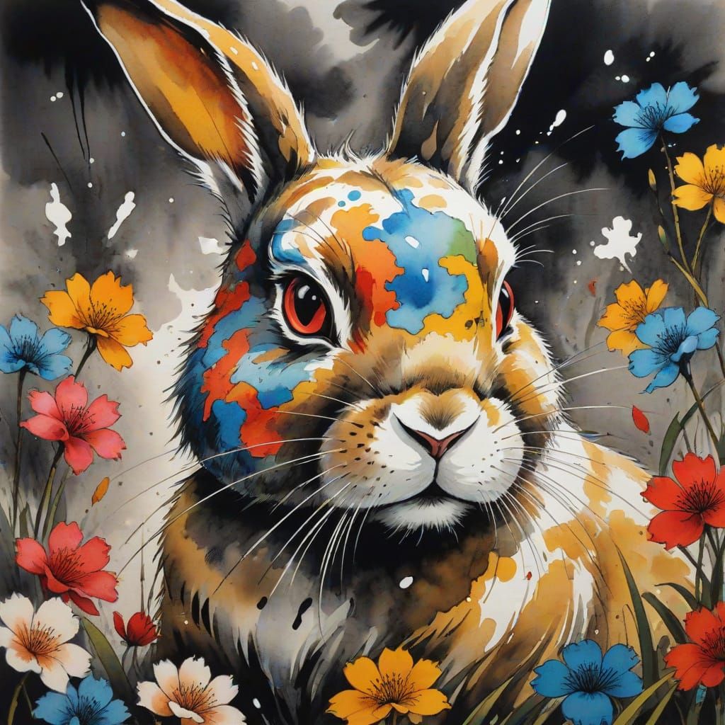 Rabbit in Onryo-e Style Ink Painting