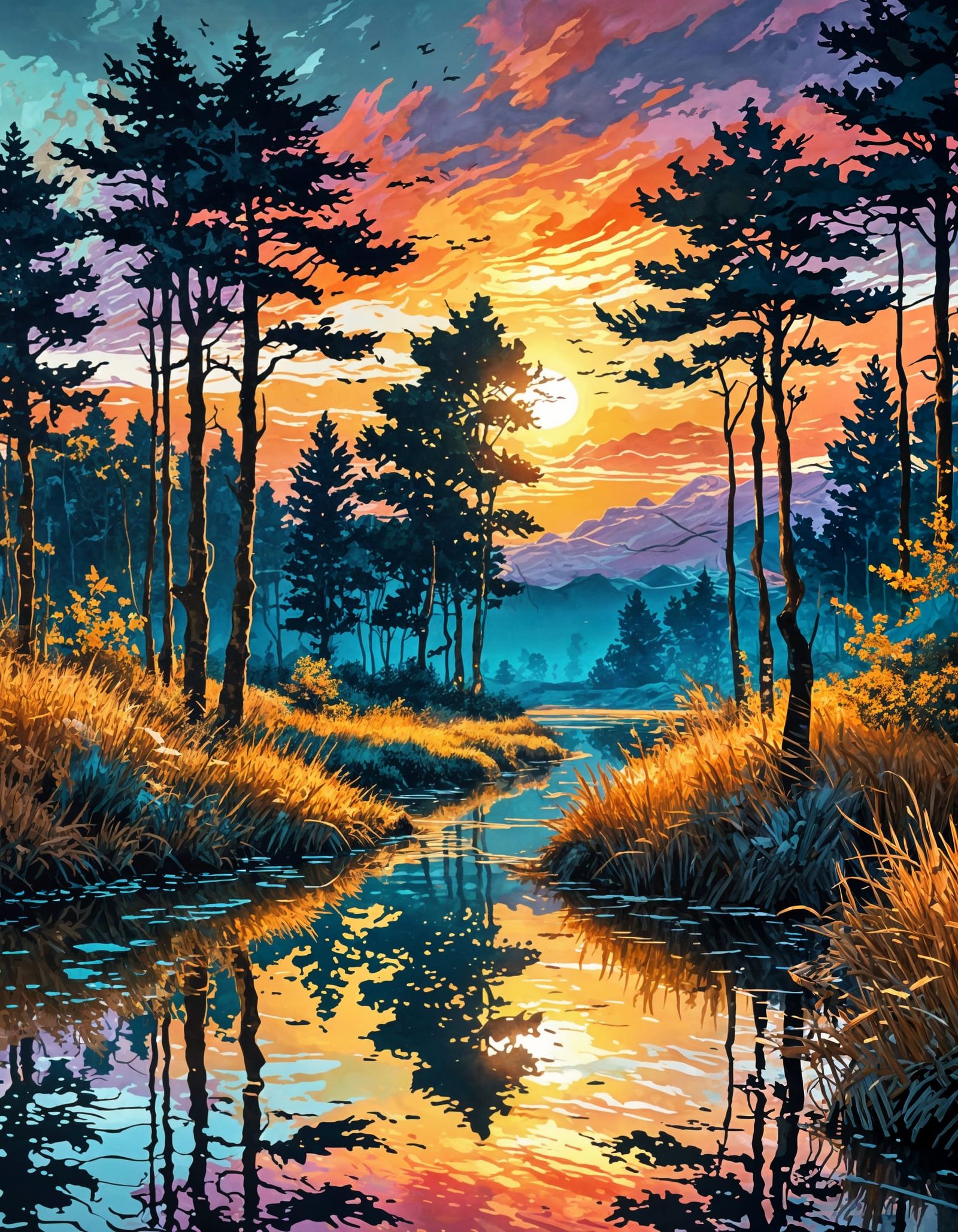 Vaporwave Sunset Landscape in Van Gogh Style