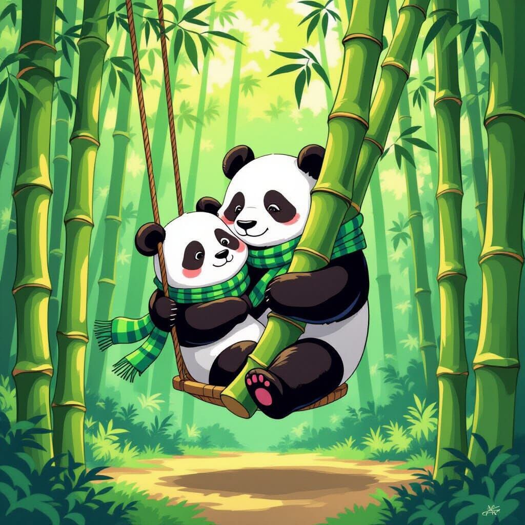 Panda's Whimsical Bamboo Swing in Vibrant Cartoon Style