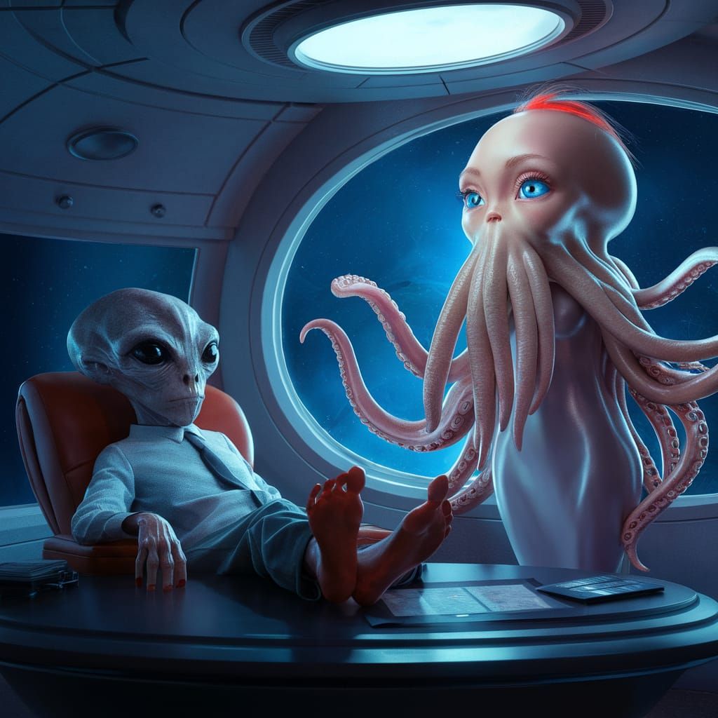Tentacled Being and Gray Alien in Flying Saucer