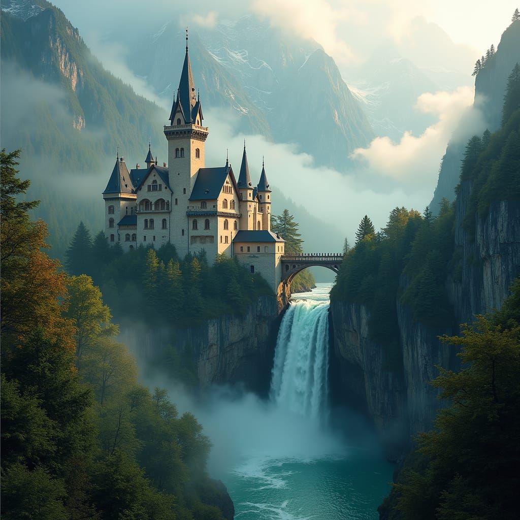 Medieval Castle over Lauterbrunnen Cascade: Photorealistic D...