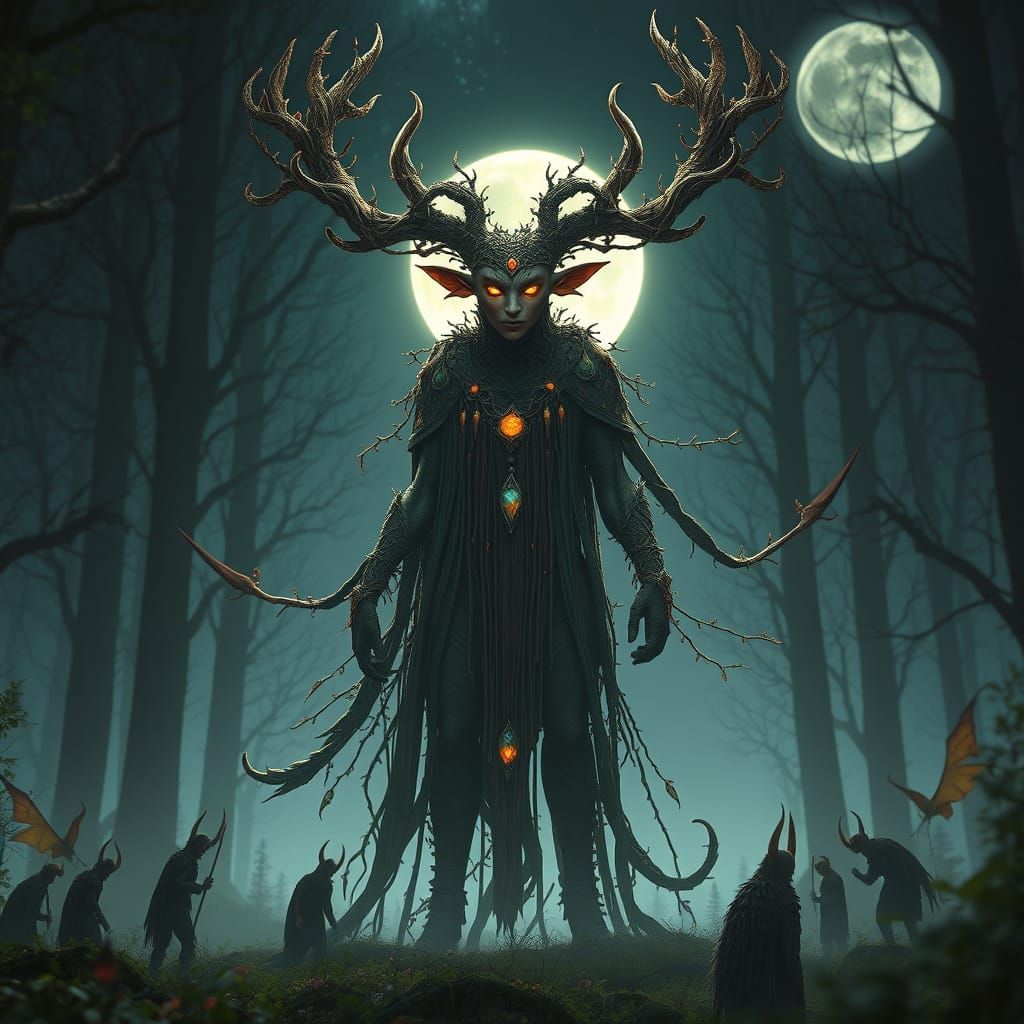 Moonlit Fey Sovereign with Antlered Horns and Glowing Eyes