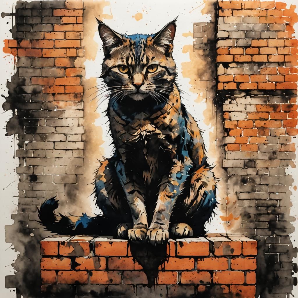 Alley Cat Portrait in Watercolor Ink Style