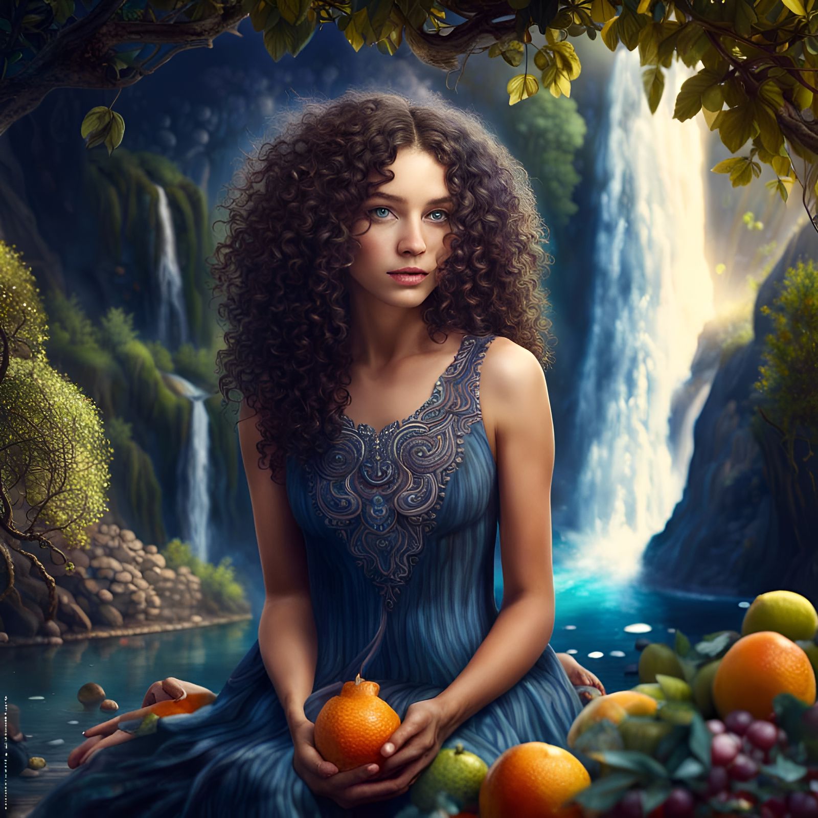 Girl in Fruit Garden with Galaxy Sky: Digital Art