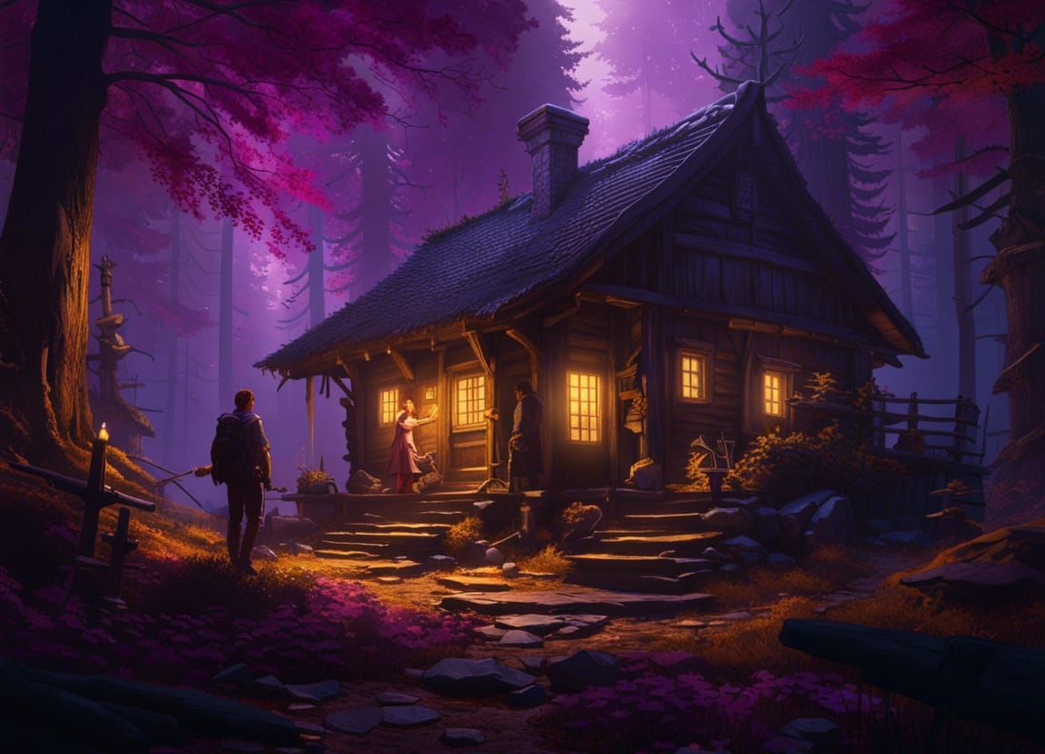 Fantasy Cabin in the Woods at Night