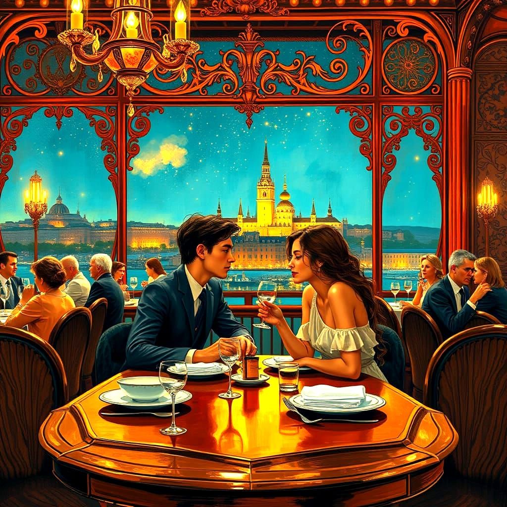 Loving Couple in Vibrant Restaurant Scene