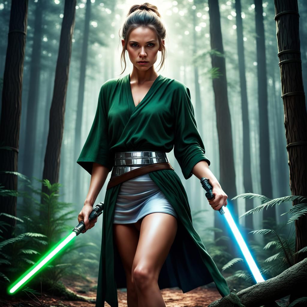 Female Jedi in Forest with Lightsaber