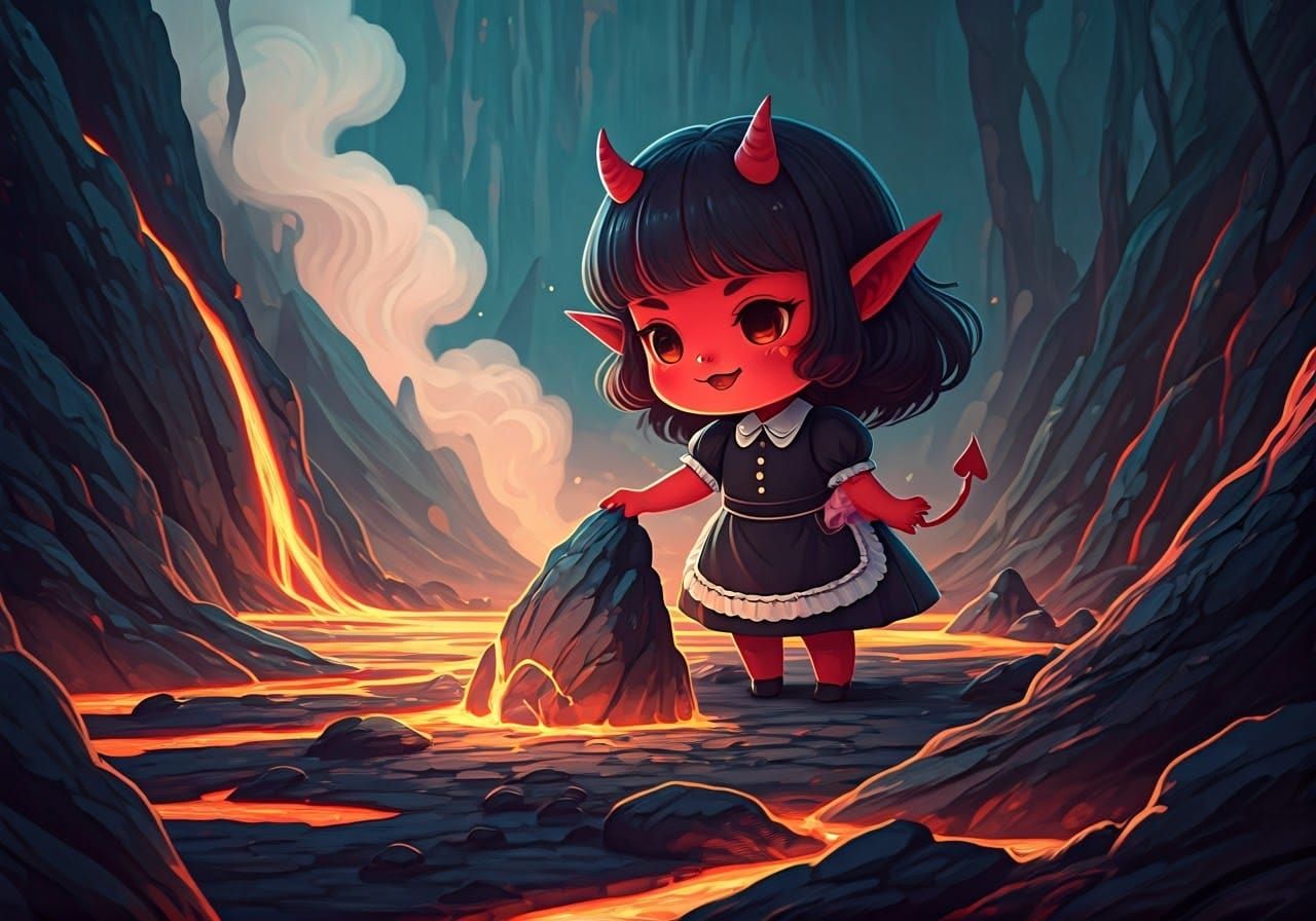 Chibi Demon Plays in Volcanic Landscape