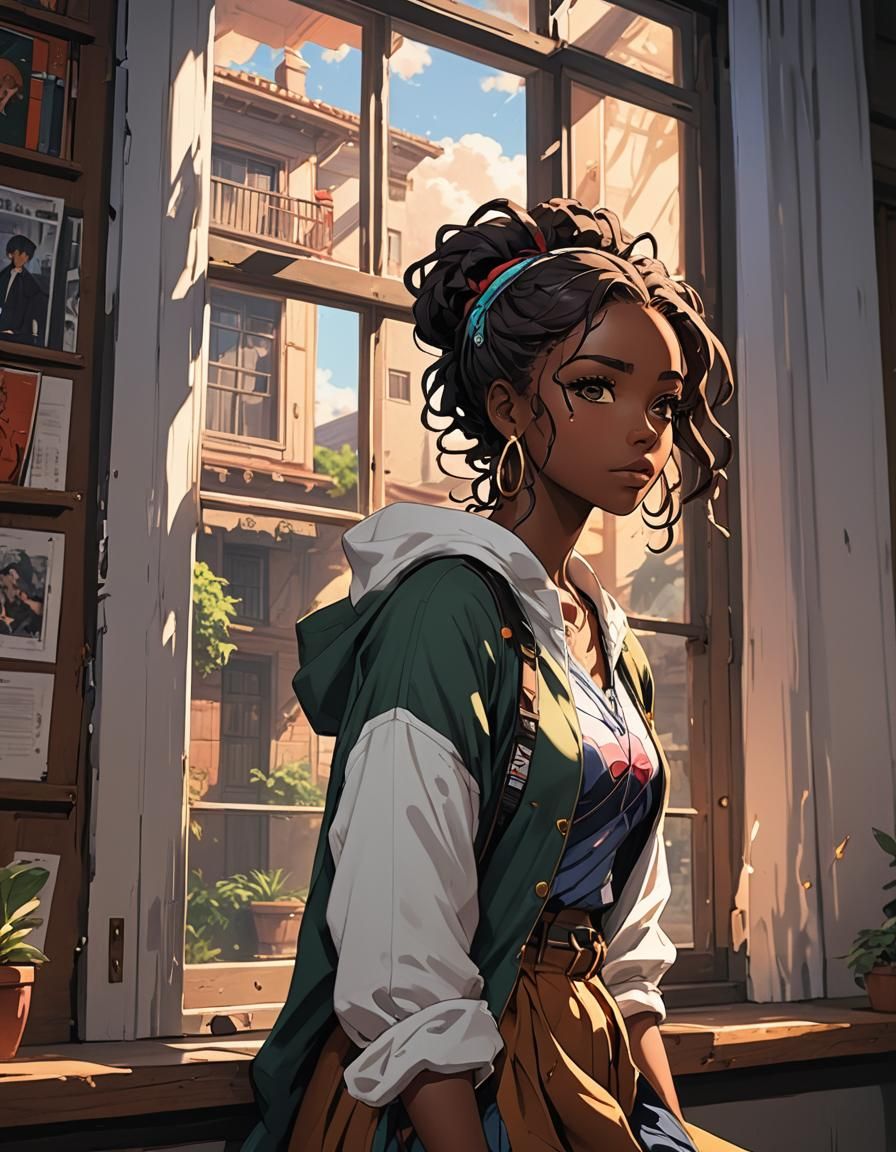Anime Style African American Girl Looking Out Window